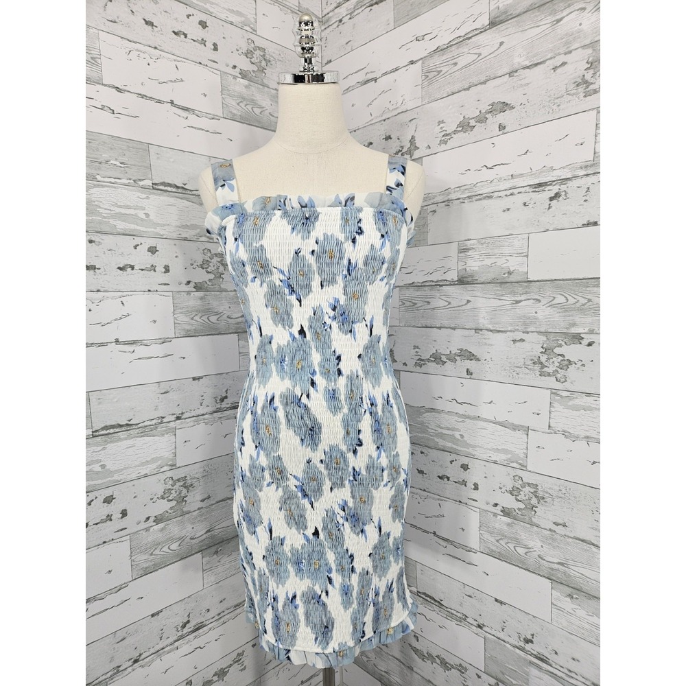 Hudson Gray Blue Floral Smocked Bodycon Dress Ruffle Trim Sleeveless Small
